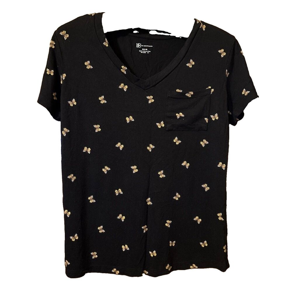 Juniors No Boundaries Black Butterfly Print  V-Neck Short Sleeve Tee Size M